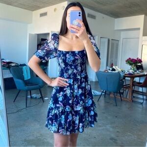 Aritzia Wilfred Dress Small S Blue Mini Babydoll Long Sleeve Cowgirl Smocked